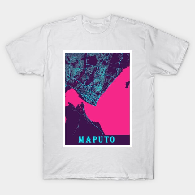 Maputo Neon City Map T-Shirt by tienstencil